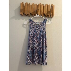 Veronica M Womens Tank Top White Blue Red Geometric Print Sleeveless Size S